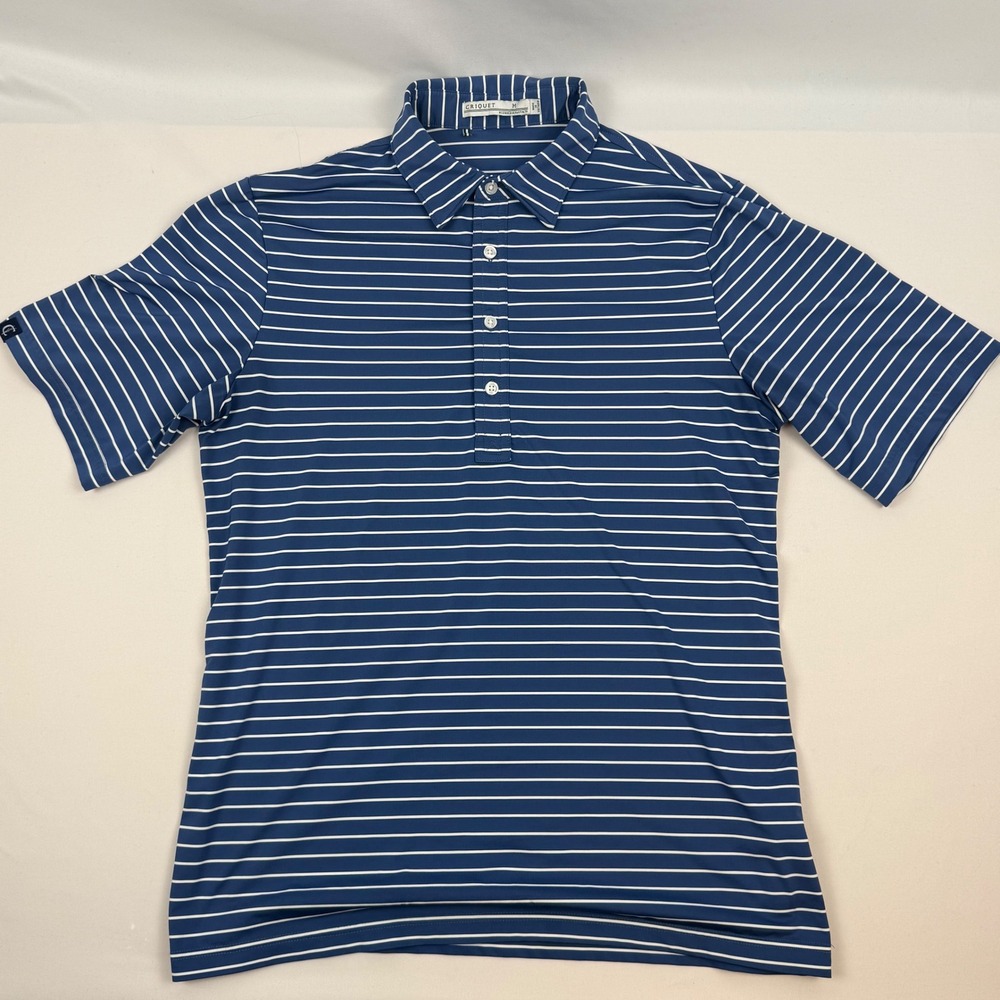 CRIQUET Mens Striped Golf Polo Shirt Blue White Short Sleeve Collared Size M‎